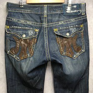 MEK‎ Mens Blue Jeans 36x32 Phoenix Straight Fit Distressed Embellished Denim